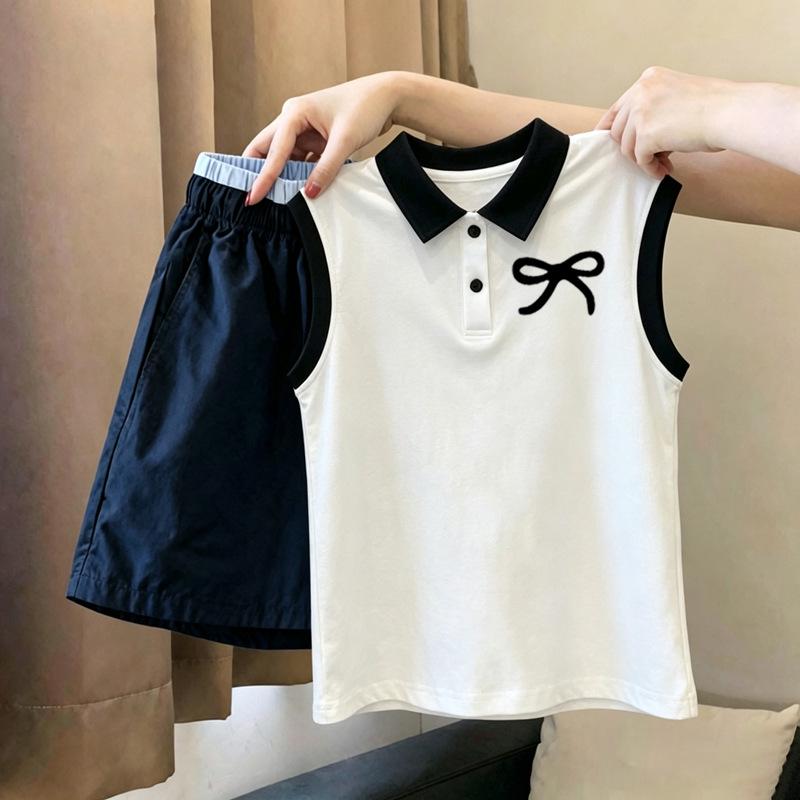 Girls' Trendy Patchwork Polo Vest Set - Sleeveless Top for Medium & Large Kids, New Summer Arrival