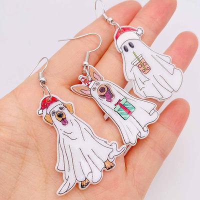 Festive Ghost Dog Acrylic Earrings with Fairy Lights and Christmas Hat - Perfect Holiday Gift for Women