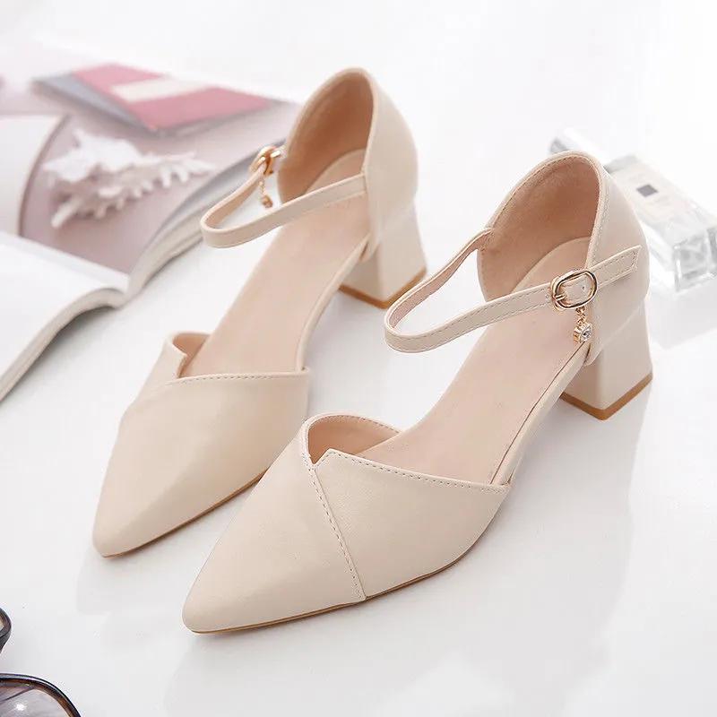 Women Cute Beige High Quality Office Career Square Heel Shoes Lady Sexy Party Elegant Black Buckle Shoes Ga85