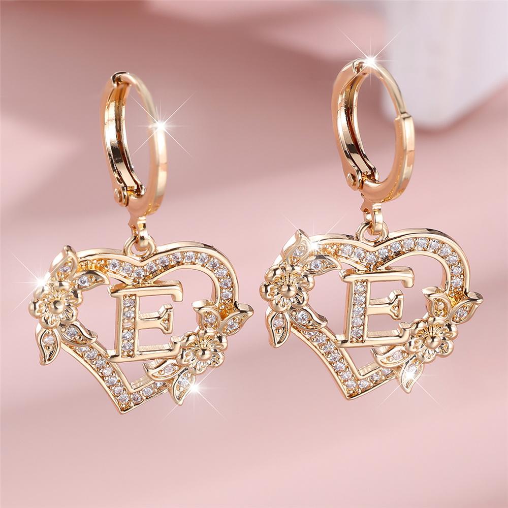 Vintage Hollow Love Heart Flower A-Z 26 Letters Hoop Earrings Yellow Gold Color White Zircon Earring Wedding Jewelry For Women