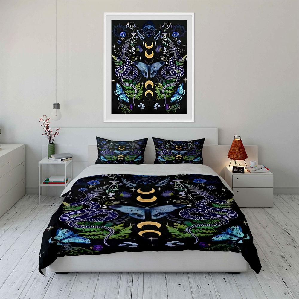 Mystic Snakes and Moon Motif Bedding Duvet Cover Set (1*Duvet Cover 2*Pillowcases, Without Duvet Insert)