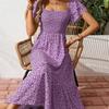 Women's Square Collar Waist Printed Bubble Sleeve Dress S-XXXL