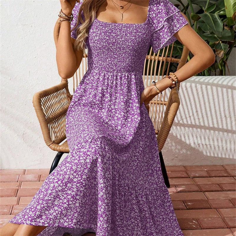 Women's Square Collar Waist Printed Bubble Sleeve Dress S-XXXL