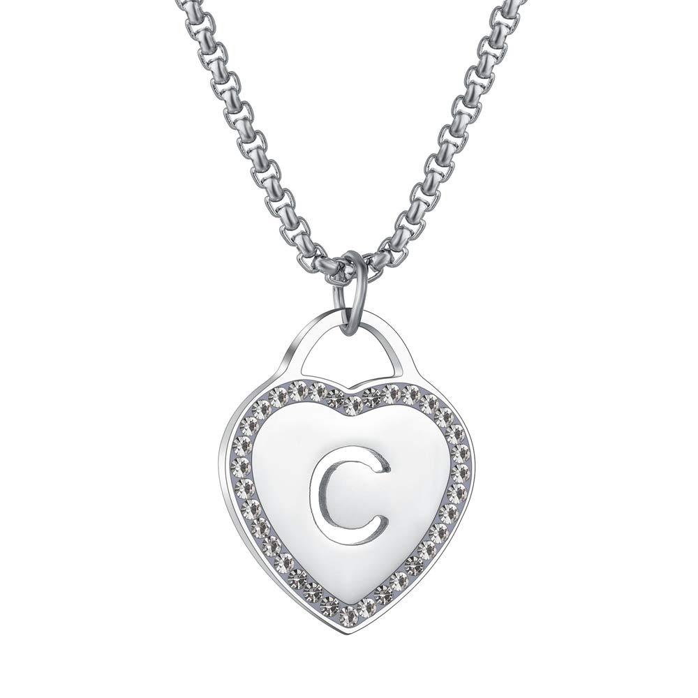 Women's Silver Initial Necklace Stainless Steel Love Heart Tiny Letter Necklace Personalized Name Jewelry for Girlfriend Gift 26 Alphabet Letters