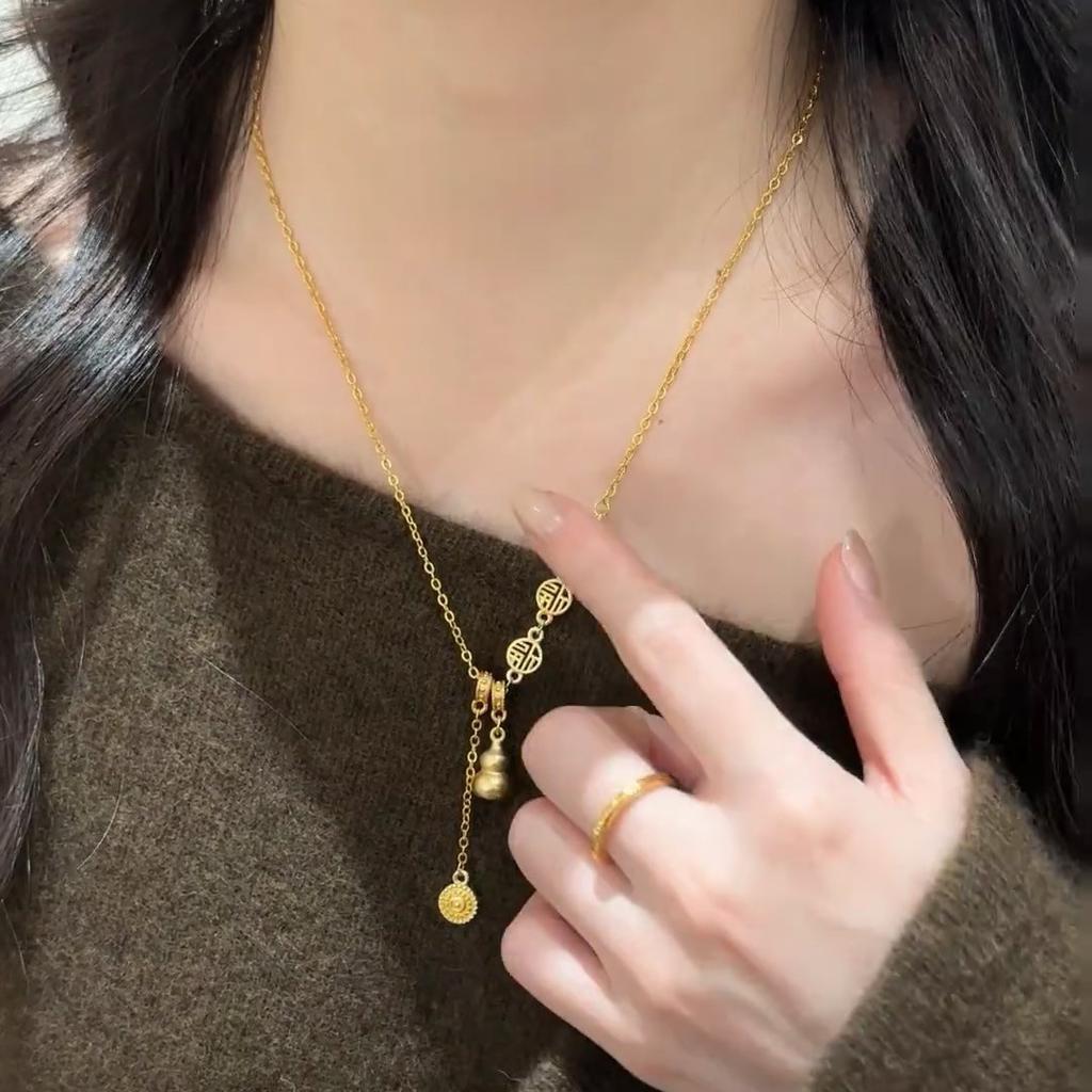 New Chinese Style Golden Gourd Pendant with Tassel, Lucky Character, Collarbone Chain, Best Friend Gift