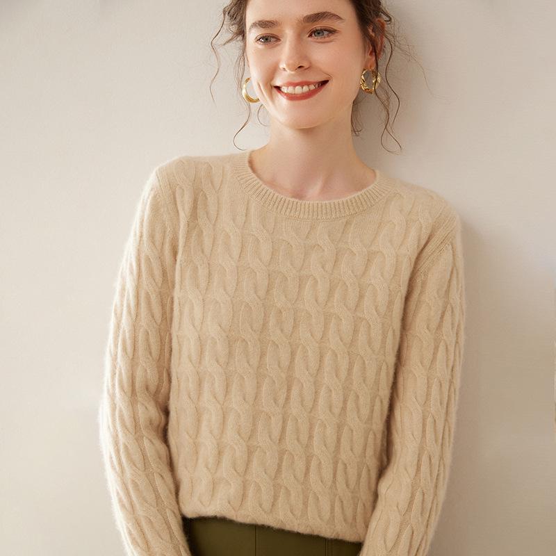 2024 Fall/Winter Women's Cashmere Loose Knit Pullover with Round Neck & Cable Design