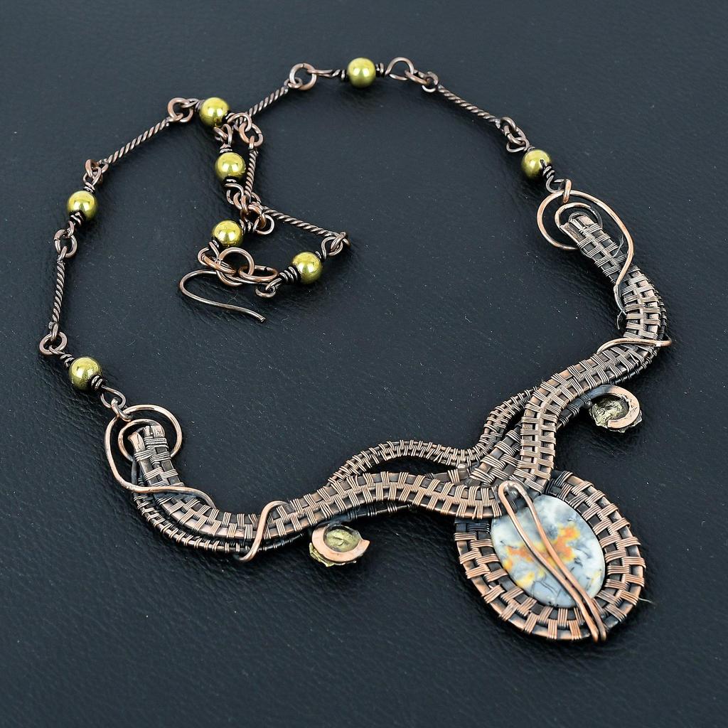Malingano Jasper Necklace Handmade Jewelry, 999 Copper Wire Wrapped Necklace Designer Gemstone Jewelry Adjustable Chain Necklace