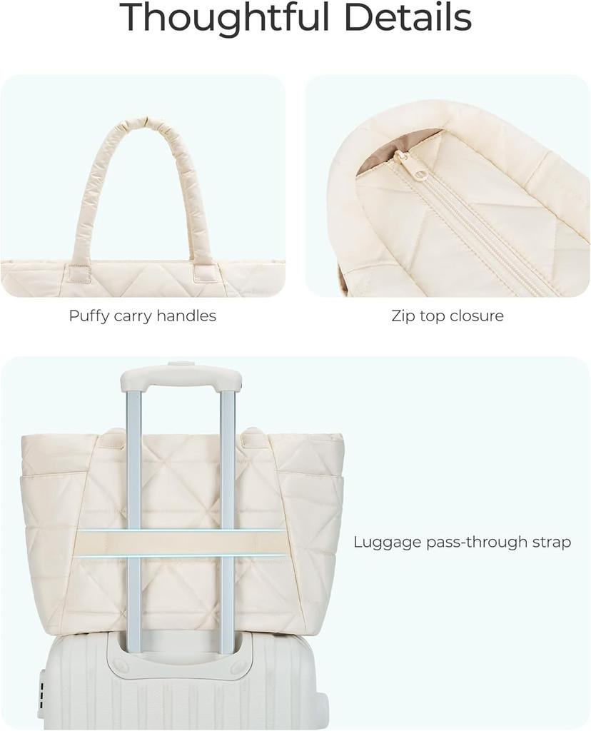 Tote Bag for Women, Puffy Tote Bag with Zipper, Large Quilted Shoulder Bag with Compartments for Travel, Work, Gym