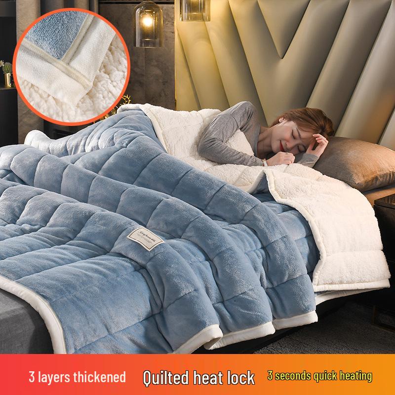 Thick Three-Layer Quilted Milk Velvet Lambswool Flannel Blanket for Autumn and Winter Warmth