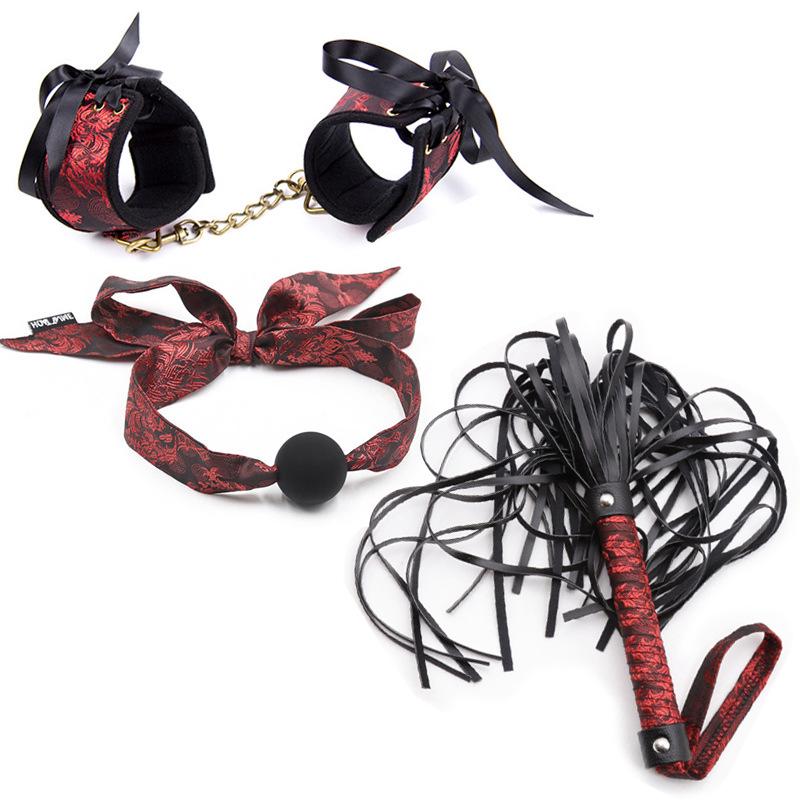 Retro Court Chinese Style Fabric Restraint Set: Foot Cuffs, Gag Ball, Eye Mask, Leash, Collar.