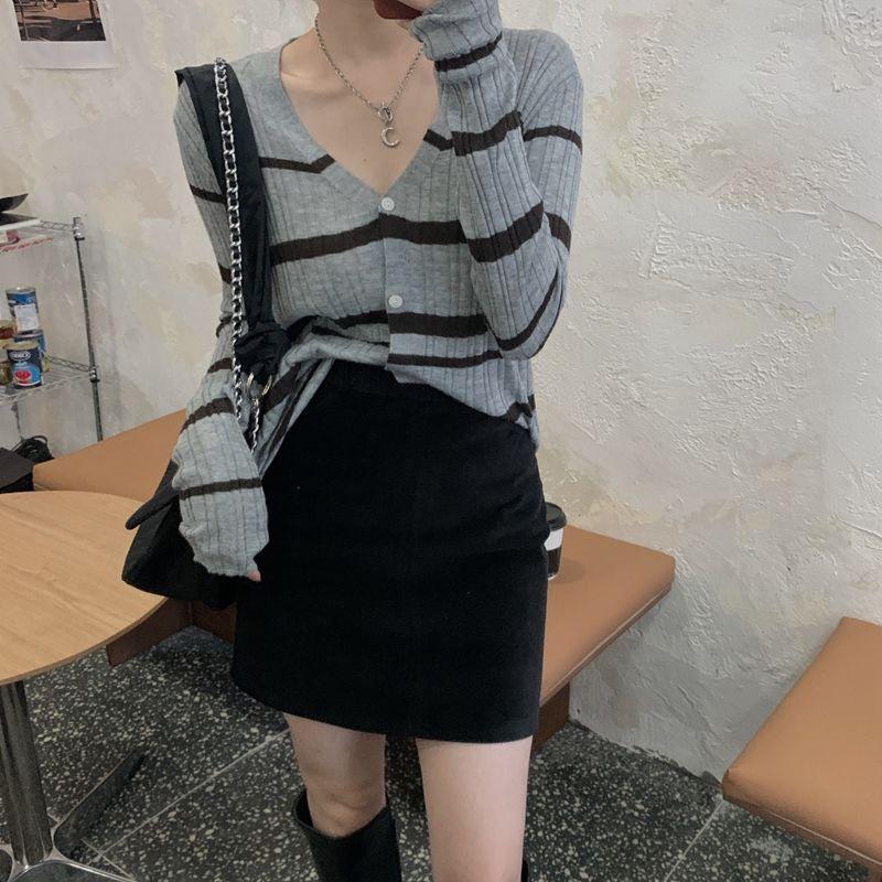 Women's Spring Outer Wear Color Block Striped Knit Cardigan Sweater Coat Slim Short Long-sleeve Top