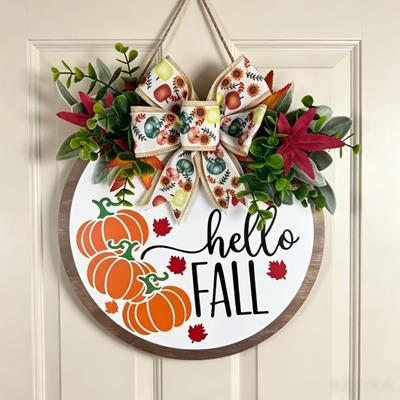 Decorative Hanging Pumpkin Hello Fall Door Hanger, Wooden Welcome Sign with Bow, Thanksgiving Party Supplies Rustic Autumn Wreath for Front