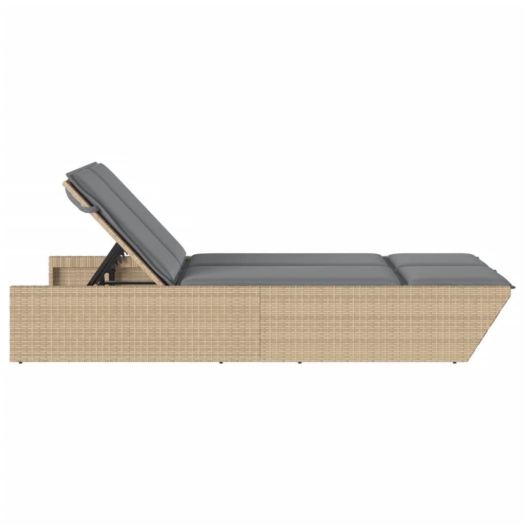 Double Sun Lounger with Cushions Beige Poly Rattan