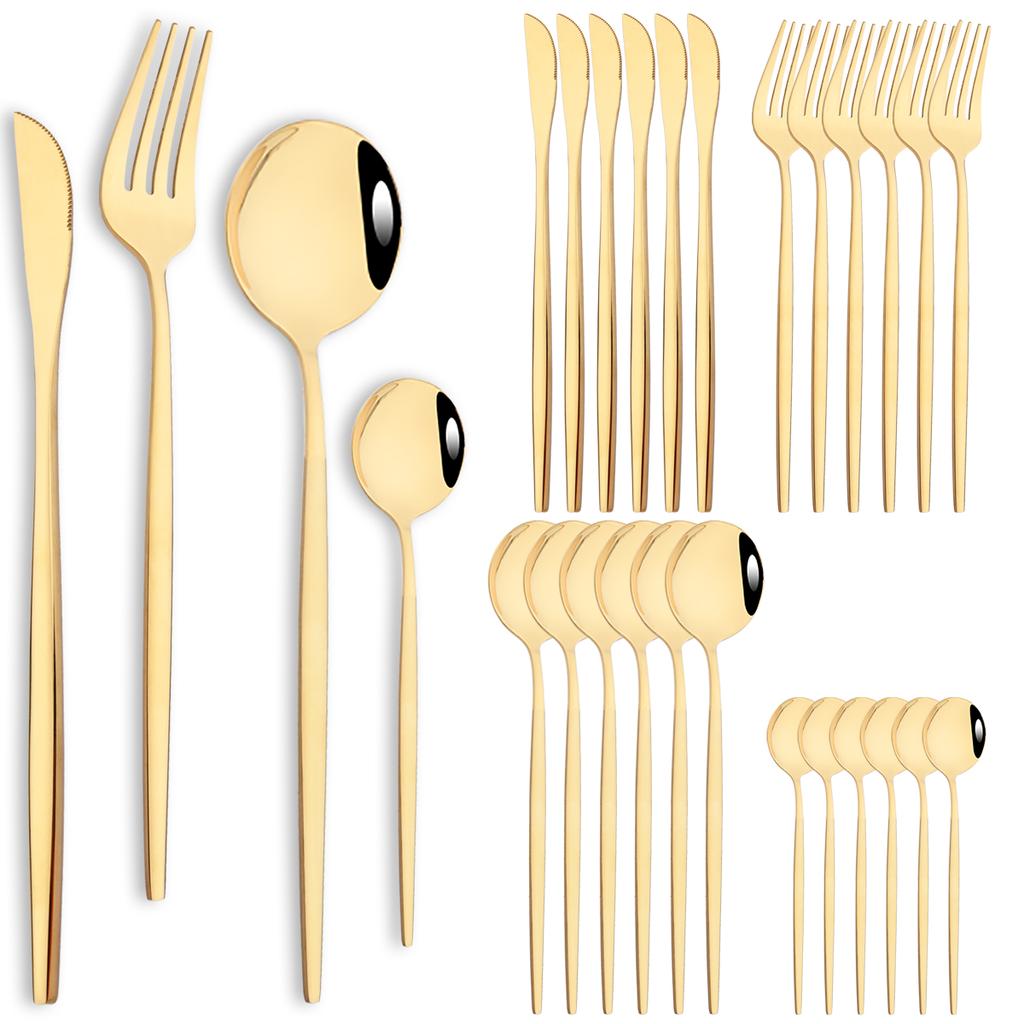 24pcs Stainless Steel Cutlery Set Knife Coffee Spoon Fork Dinnerware Set Mirror Durable Flatware Western Party Kitchen Tableware