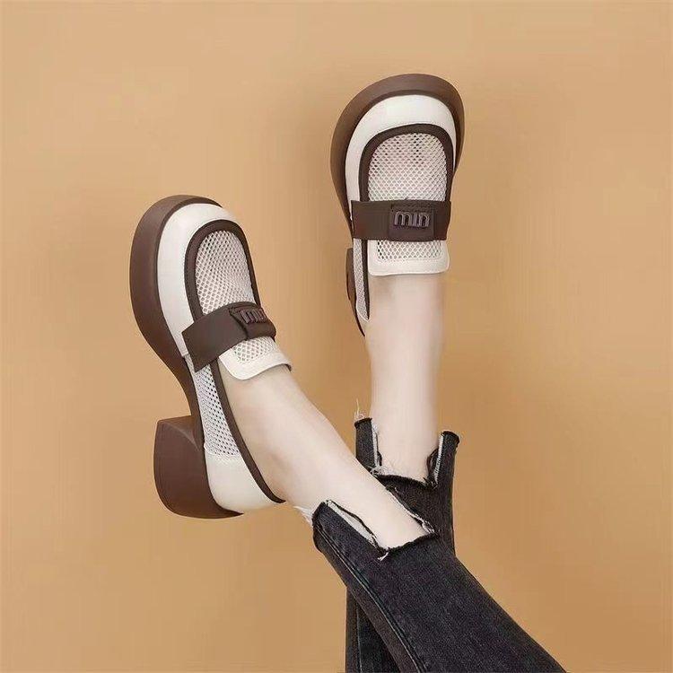 British style breathable mesh women's models 2025 spring new hollow loafers small leather shoes square heel one pedal single shoes