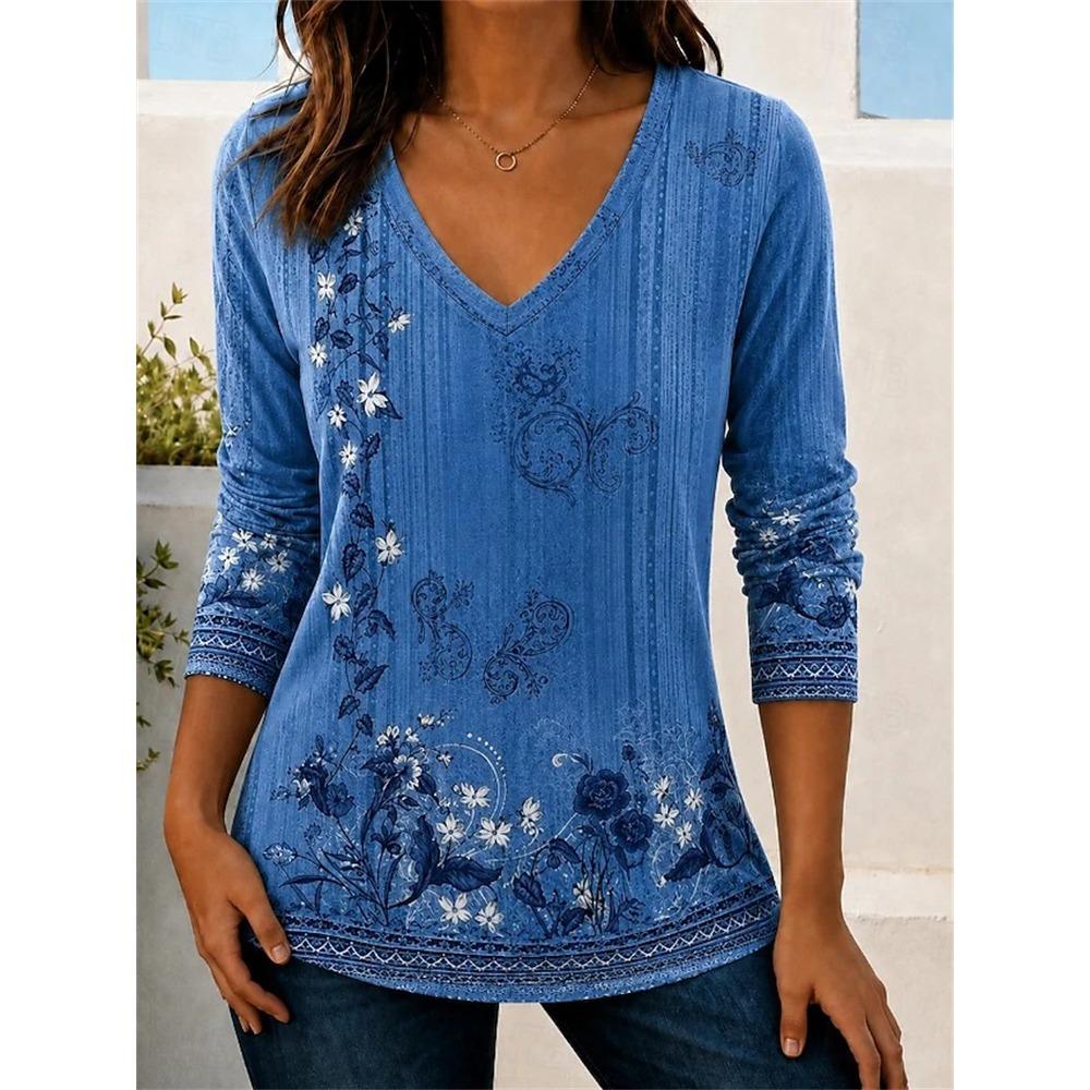 Elegant Women's Autumn Top V-Neck Vintage-Print Long-Sleeve T-Shirt Loose Comfortable and Stylish for Streetwear or Outdoor Wear
