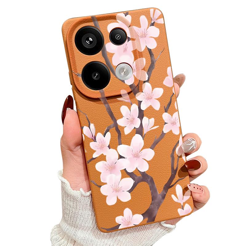 Hand-drawn Style Sakura Pattern Case For Xiaomi 14T 13T 11T Pro Funda Redmi Note 14 13 Pro 5G 12 11 Leather Texture Silicone Cover
