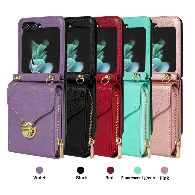 Long Lanyard Zipper Card Wallet Case For Samsung Galaxy Z Flip 7 6 5 4 3 5G Flip6 Flip7 Crossbody Leather Holder Purse Bag Cover