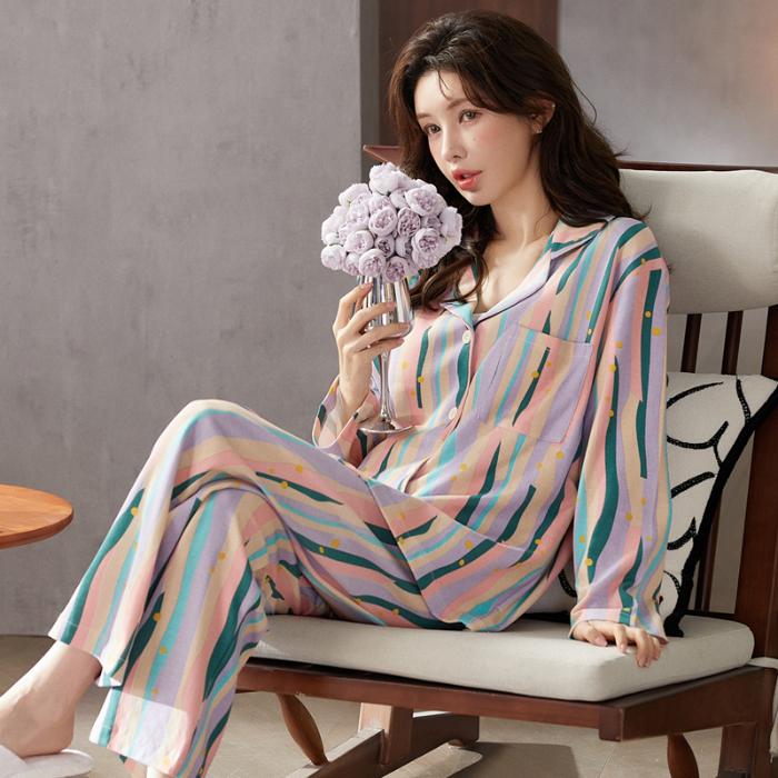 

Пижама с нагрудными вкладышами 2025 Весна Осень Женский Пижамный Комплект Красочные Полоски Пижама для Женщин С Длинным Рукавом Пижамы Для Отдыха Ночная Одежда Домашняя Одежда M