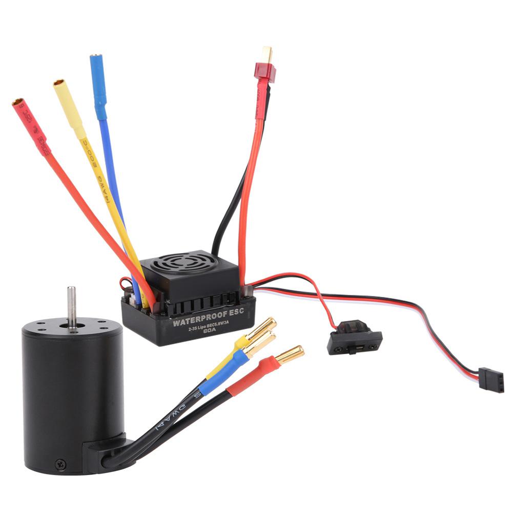 Waterproof Brushless Motor 3650 3500KV with 60A ESC Set 4mm Golden Banana Plug for 1/10 RC Car