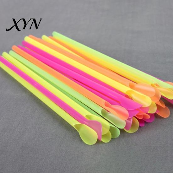 Fluorescent Color Straws 50/100Pcs Spoon Straw for Smoothie, 2 in 1 Disposable Eco-friendly Plastic with Spoon, Slush Milkshake Bubble Tea Convenient