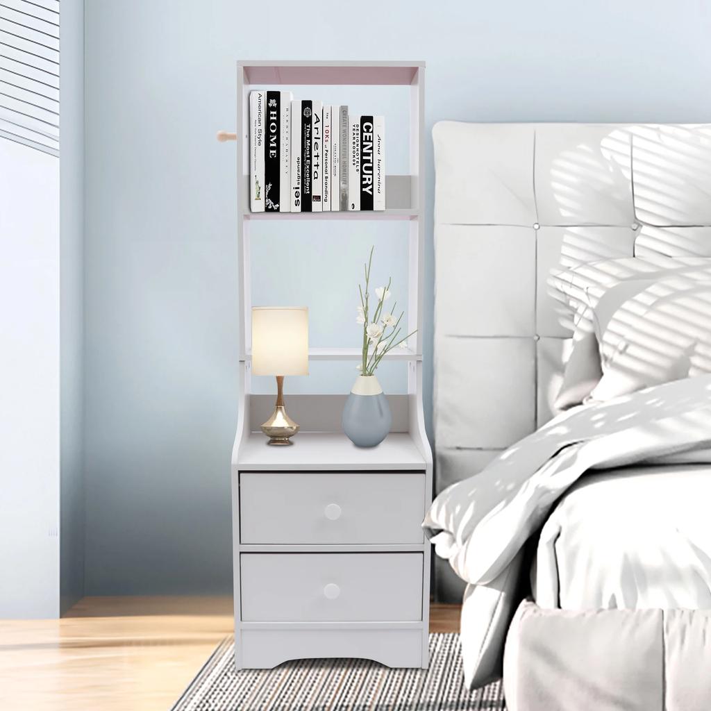 Modern Nightstand W/ 2 Drawers, 3-Tier Bedside Table for Bedroom - Sturdy White End Table with Storage Shelf, Small Night Stand