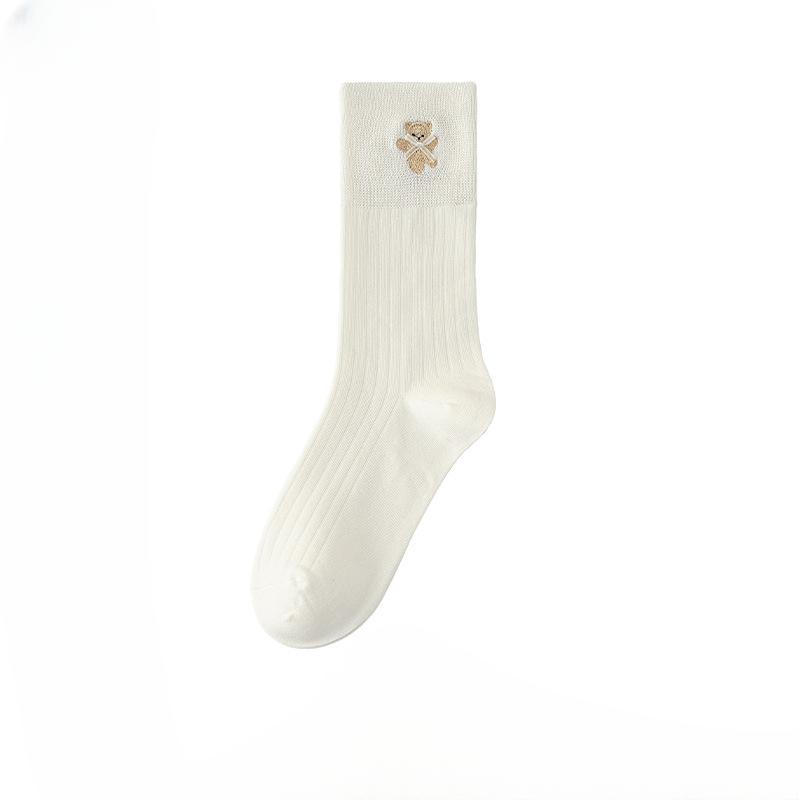

Female Spring and Autumn Bear Embroidery Bow Boneless Sweat Absorption Breathable Solid Color Tube Cotton Socks 1 pair