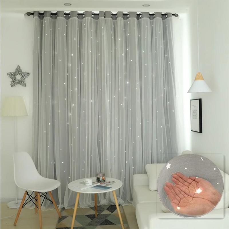 1pc Korean-style Double-layer Integrated Lace Blackout Hollow Star Curtain, Ready-made for Bedroom and Living Room