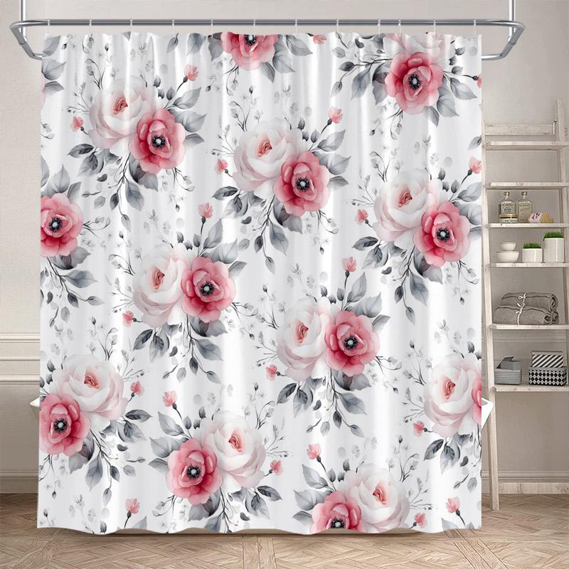Rosa Ros Blommiga Duschdraperier Naturlig Grön Växt Blommor Alla Hjärtans Dag Badrumsdraperi Modernt Tyg Badrumsinredning med Krokar