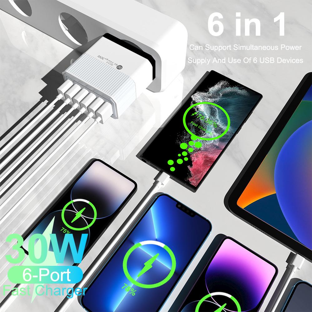 QC3.0 30W Six-Port Fast Charger with EU/US/UK/AU Plugs