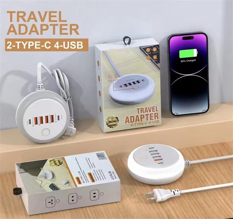 PD 50W Multi Port Charger Type C Fast Charging EU US Plug Wall Charger 6 Port USB Quick Phone Charger With Touch LED/ Fill Light