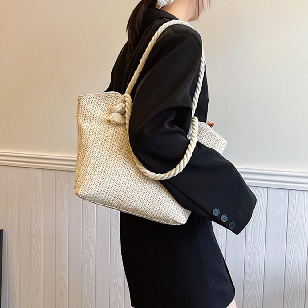 Solid Color Women Straw Tote Bag Bohemian Underarm Shoulder Bag Casual Beach Handbag  Travel
