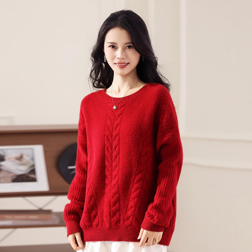 2025 Autumn/Winter Women's Wool Cable Knit Drop Shoulder Pullover Sweater