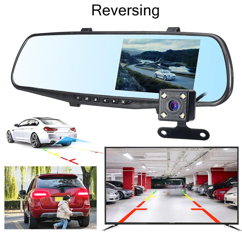 New 4.3 Inch Dual Lens 1080P 170 Degree Car DVR Dash Cam Video Recorder 720p 140 Degree Rear View Mirror Camera