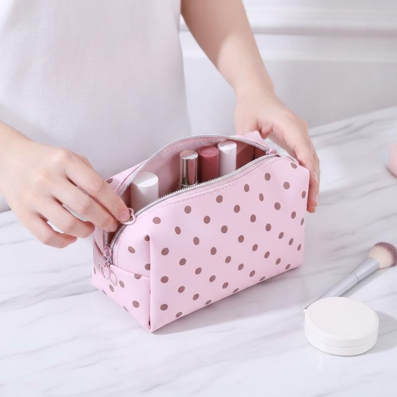 1/3Pcs Pink Polka Dot Pu Makeup Bag Set Large Capacity Sturdy Handle For Travel Daily Cosmetic Storage