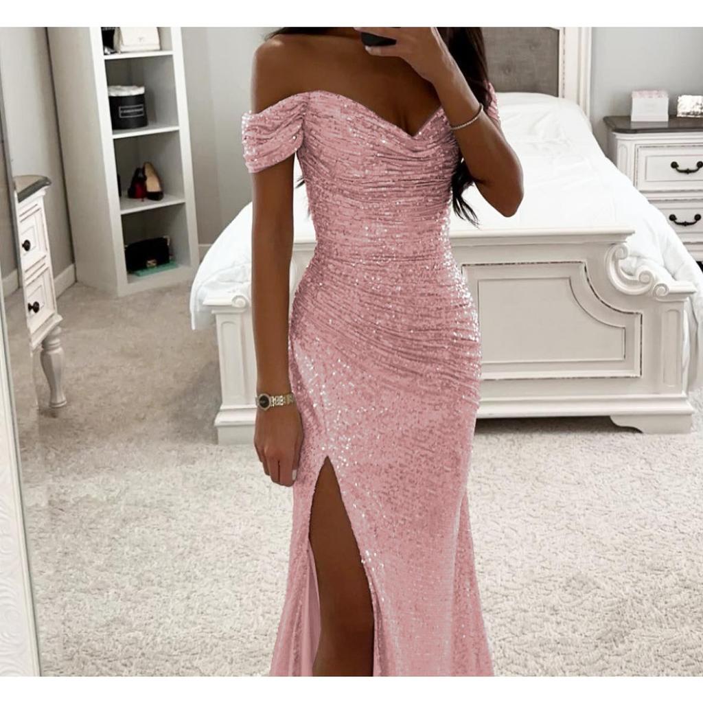 Abito Maxi da Donna Mermaid Scollo Bardot Manica Corta Vestibilità Aderente Spacco Alto Paillettes Abito da Sera Formale
