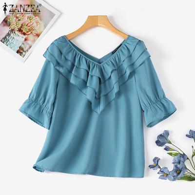 Blusa casual feminina com decote em V e mangas 3/4 com babados