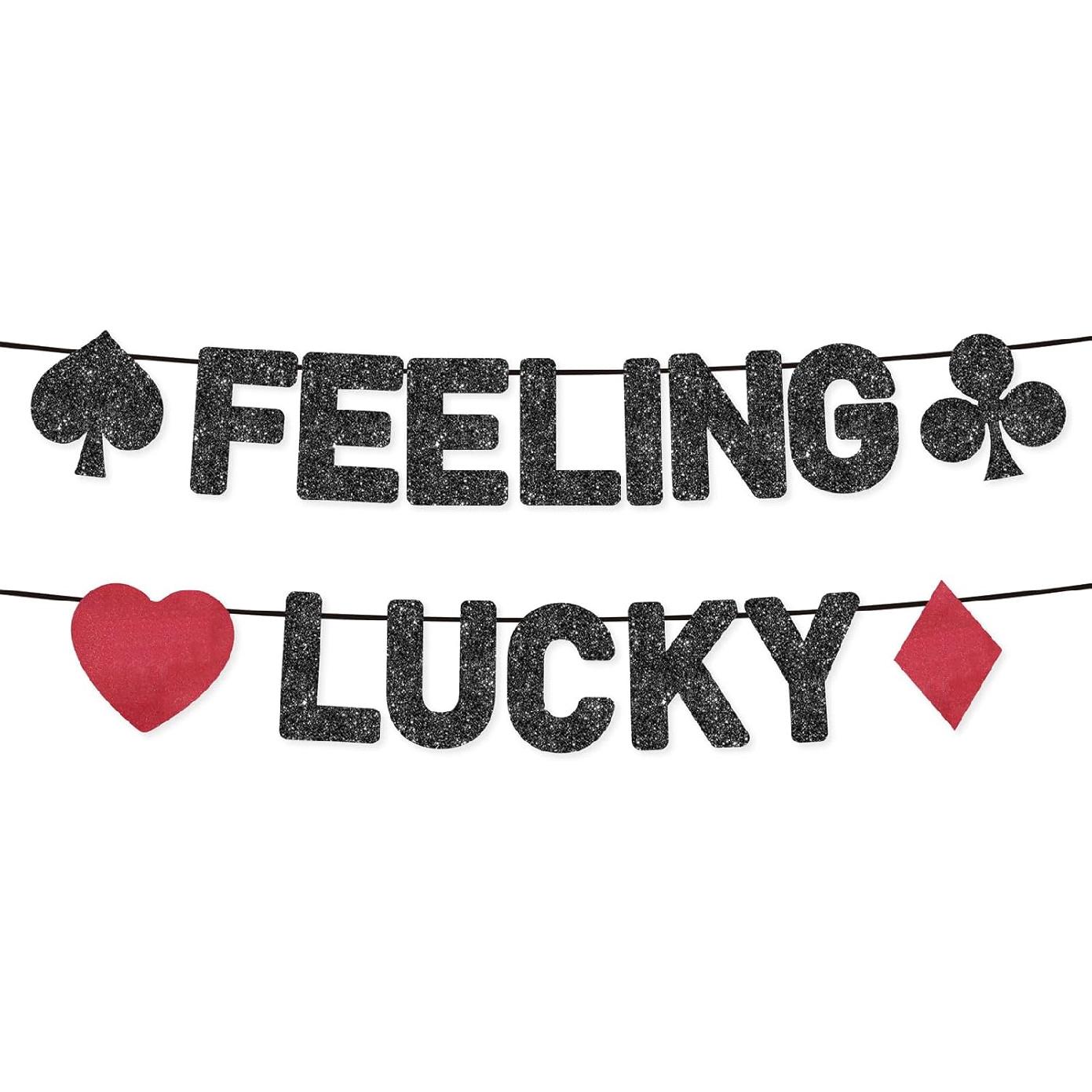 Pre-Strung Feeling Lucky Black Glitter Banner, Bachelorette Decoration, Birthday Party Sign, Casino Decor,Ideas, Gifts and Decorations