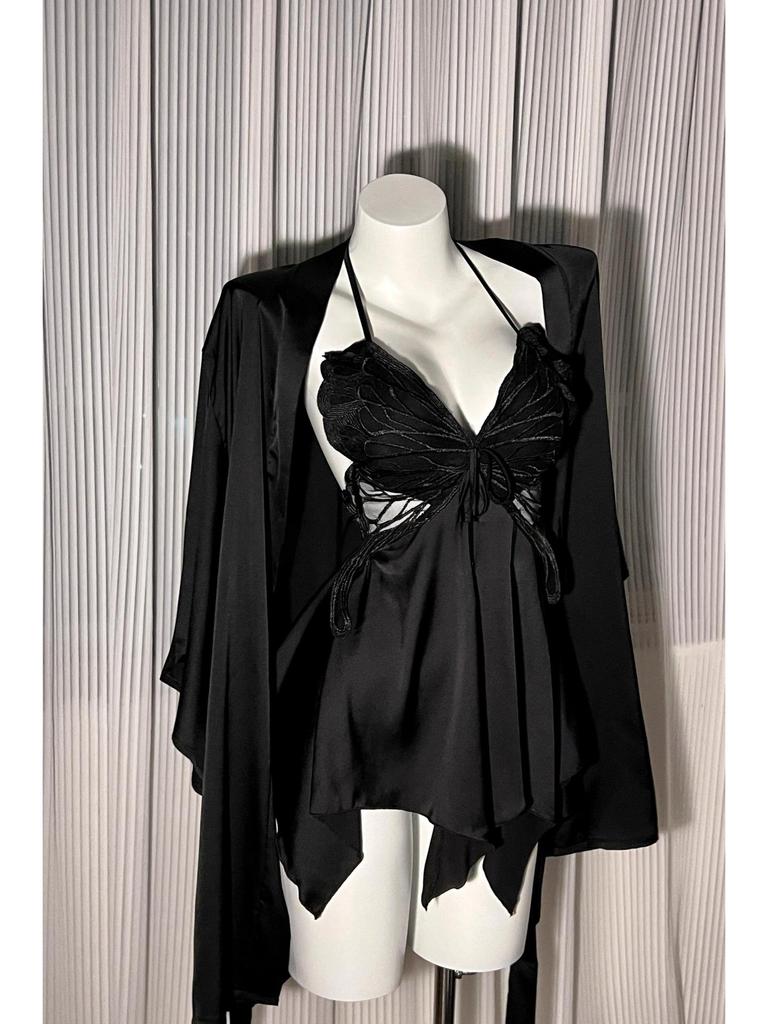 Spicy Nightdress with Chest Pads: Sexy, High-End Ice Silk Homewear for Women, Autumn & Winter, Plus Size, Pure Desire Style with Bow.