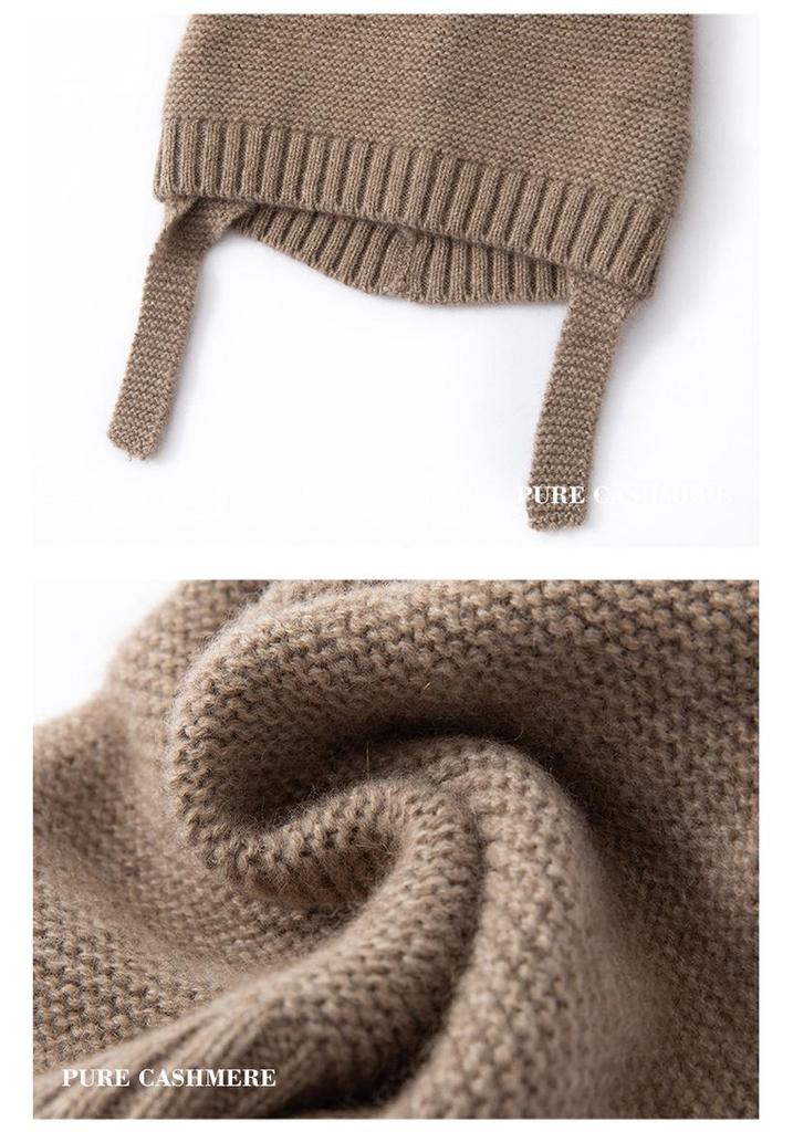 Women's 100% Pure Cashmere Pom-Pom Hat - Warm, Cute Lace-Up Ear Protection for Autumn/Winter