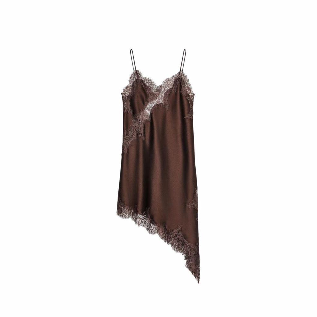 French Style Spaghetti Strap Lace Trim Dress with Irregular Hem - 2025 Summer Collection