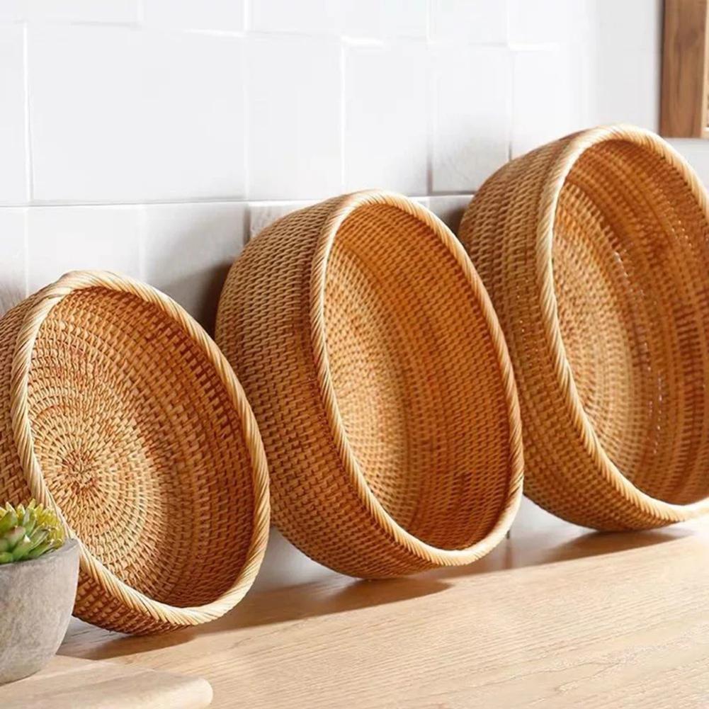 Round Rattan Fruit Basket Handwoven Lightweight for Kitchen or Office Use