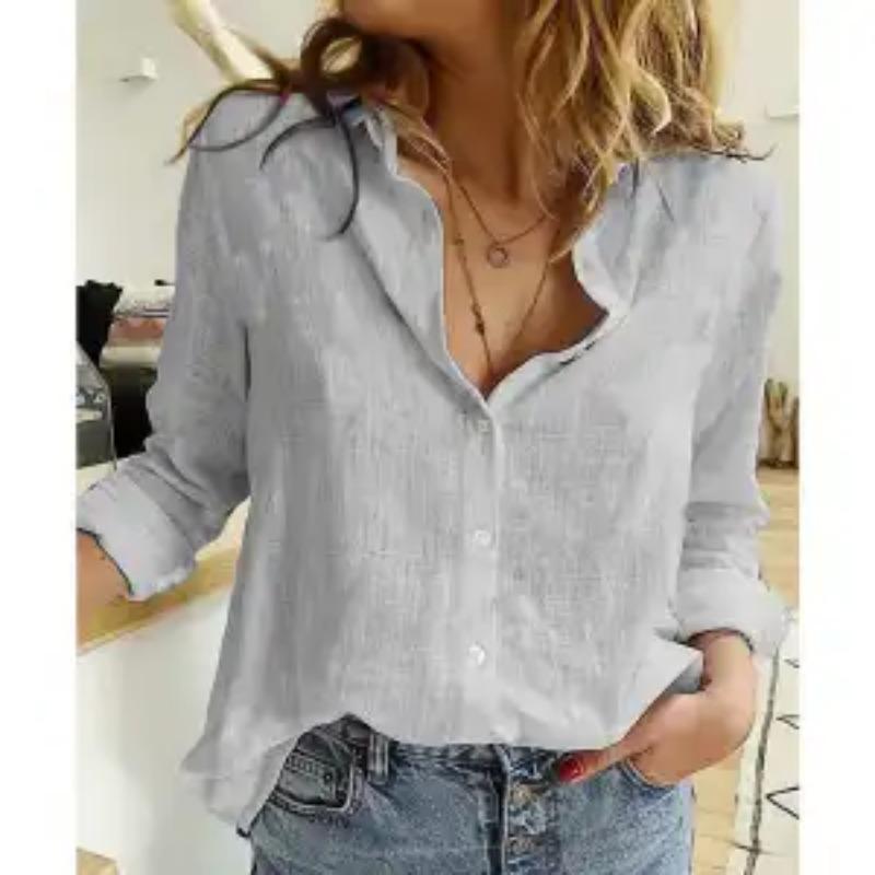 Spring and Autumn Solid Color New Hot Style Women's Casual Loose Long Sleeve Linen Shirt