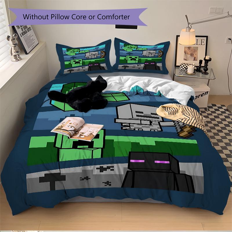 3pcs Minecraft Creeper, Skeleton, Enderman Pixel Art Home Decor Bedding Set-Universal Three-Piece Suit for Bedroom, Guest Room, Living Room,