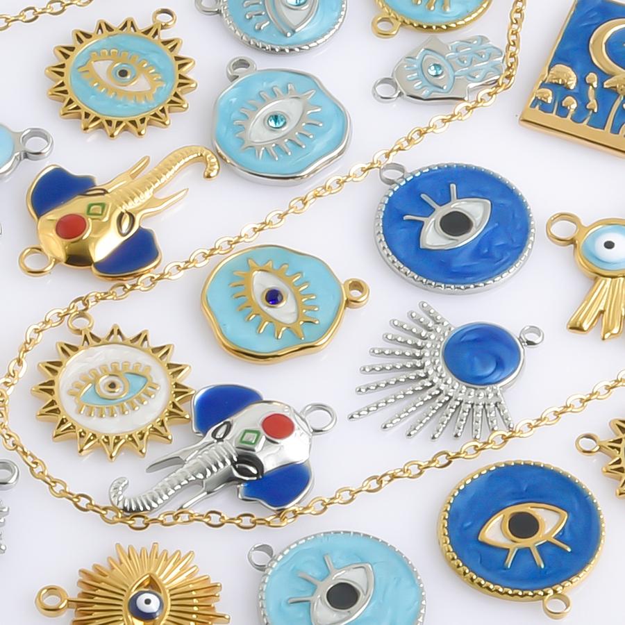 Hand Drip Oil Blue Sun Eye Pendant Rhinestone Stainless Steel Evil/Turkish Eye Charms For Jewelry Making Supplies Charm Material