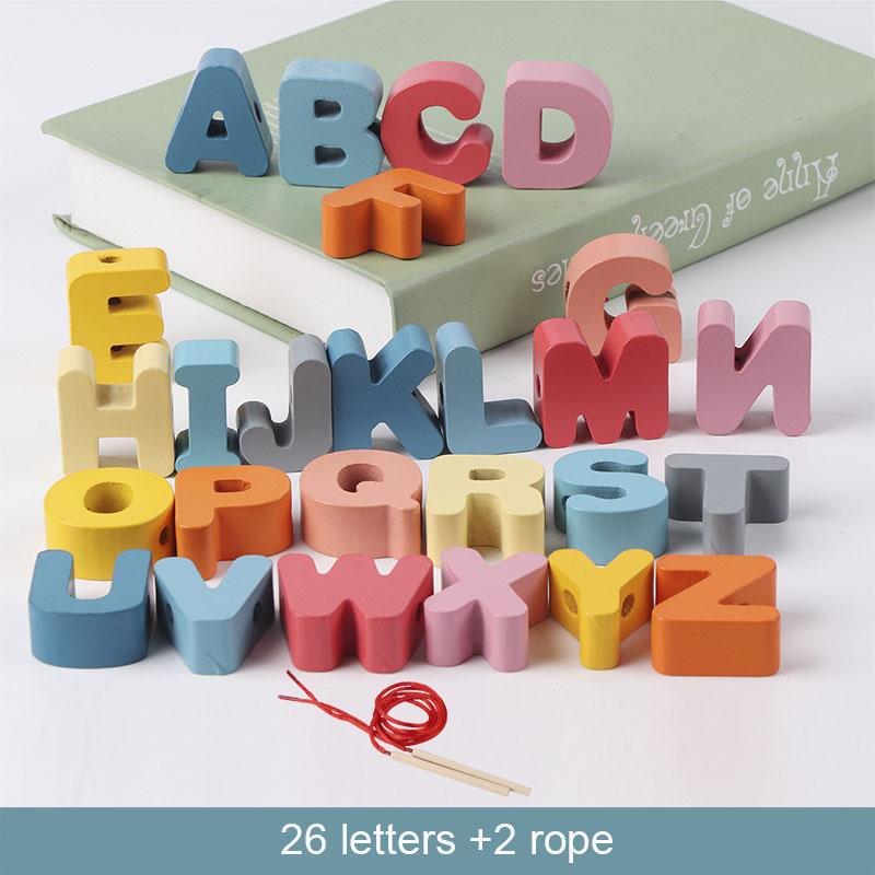 Kids Montessori Wooden Lacing Toy DIY Wooden Beads For Children Cartoon Animals Fruit Letter Digital Beads Threading Toys Gifts