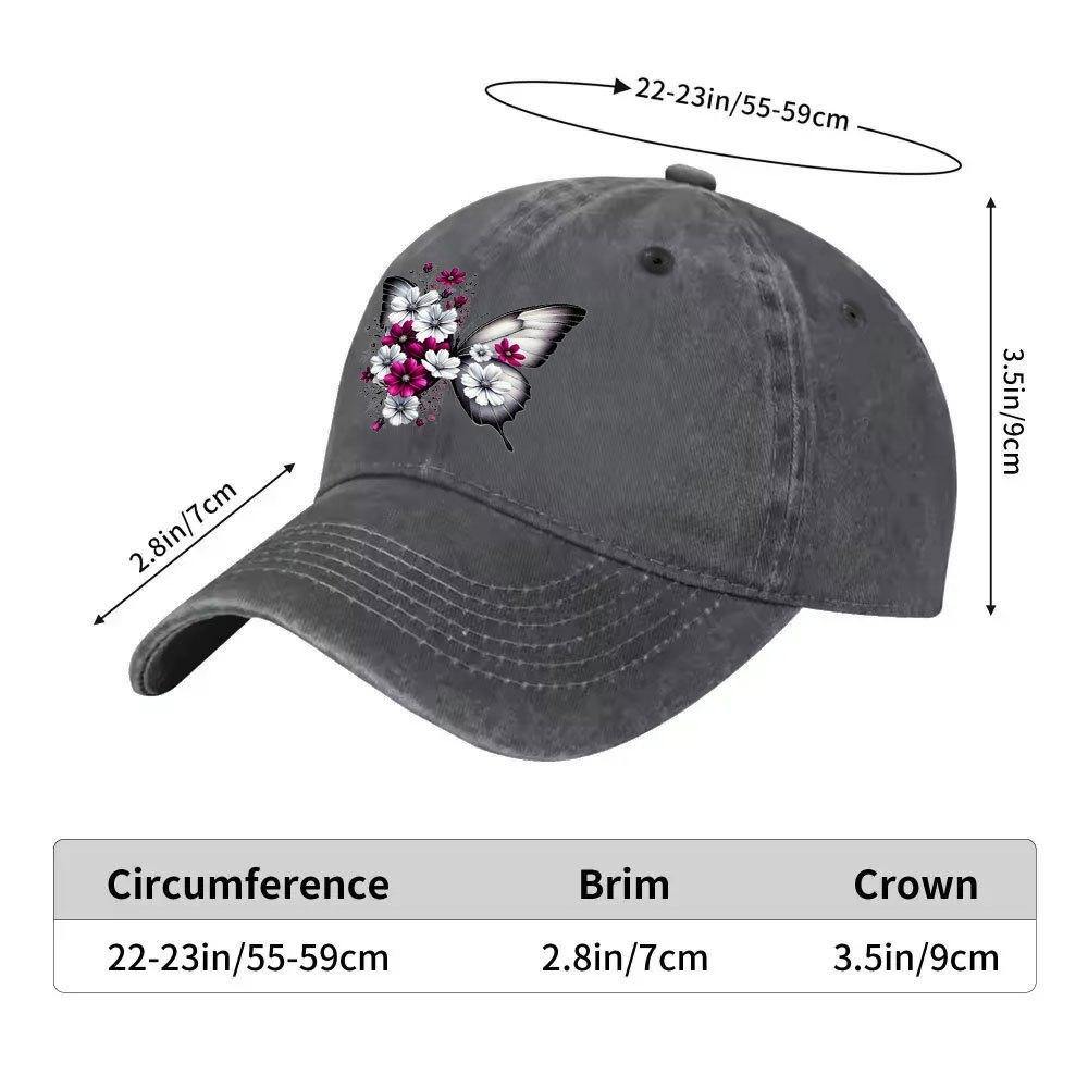 Butterfly Floral Baseball Cap Washed Denim Adjustable Print Vintage Casual Duckbill Hat Unisex