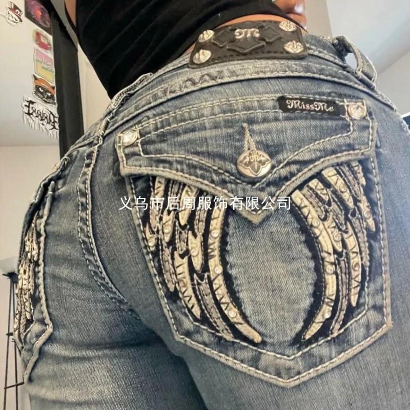 Y2K Vintage Denim Jeans Women Embroidered Wing Pocket Slim Fit Mid-Rise Cotton Blend Retro Streetwear