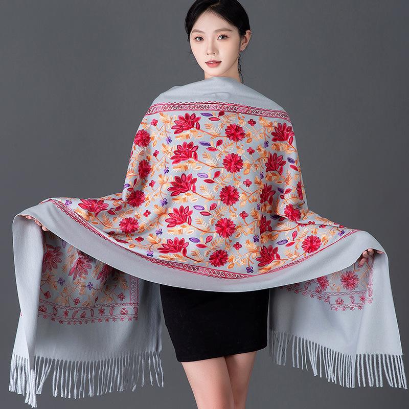 Роскошный женский кашемировый шарф с цветочной вышивкой, зимний теплый шаль, мягкая плотная пашмина, платок, женские шарфы-плед с кисточками, накидки