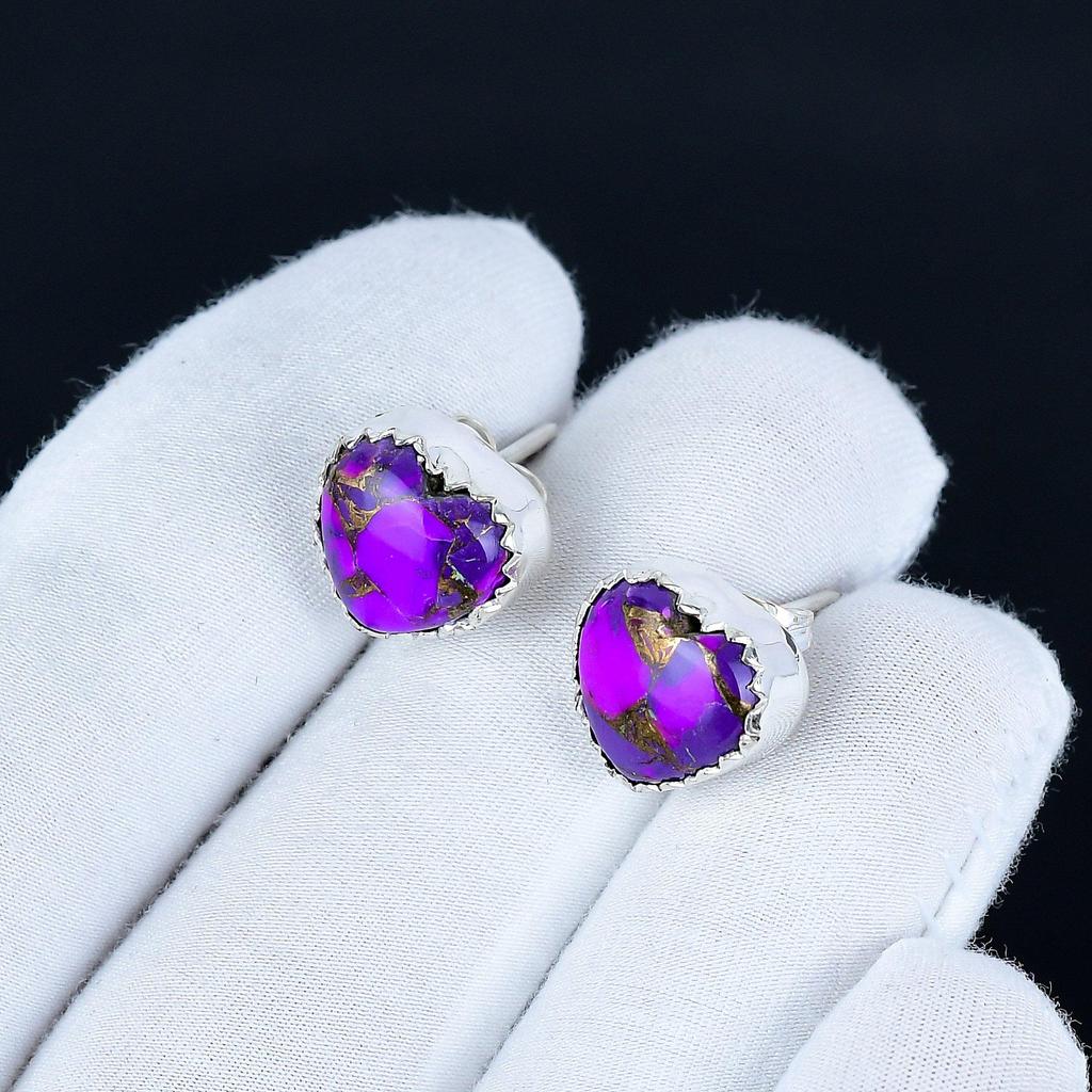 Purple Spiny Turquoise Earrings | 925 Sterling Silver Stud Earrings | Handmade Gemstone Love Studs Heart Earrings | Boho Jewelry Birthday Gift